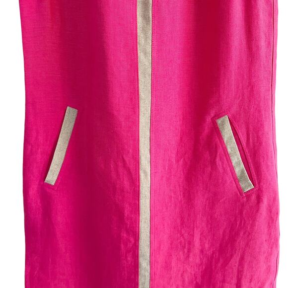 iLinen Bright Pink Sleeveless Linen Shift Dress With Gold Trim Size XS - Picture 6 of 8